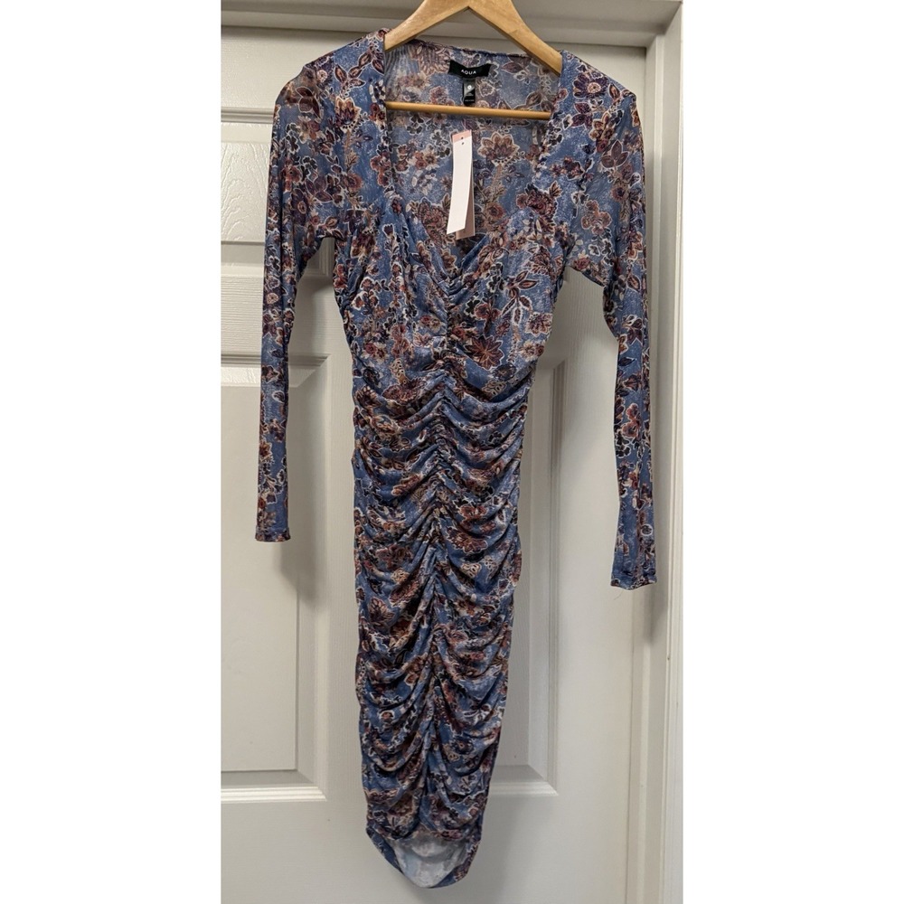 AQUA Mini Dress Women Medium Blue Floral Mesh Ruched V-Neck Long Sleeve IDL10431